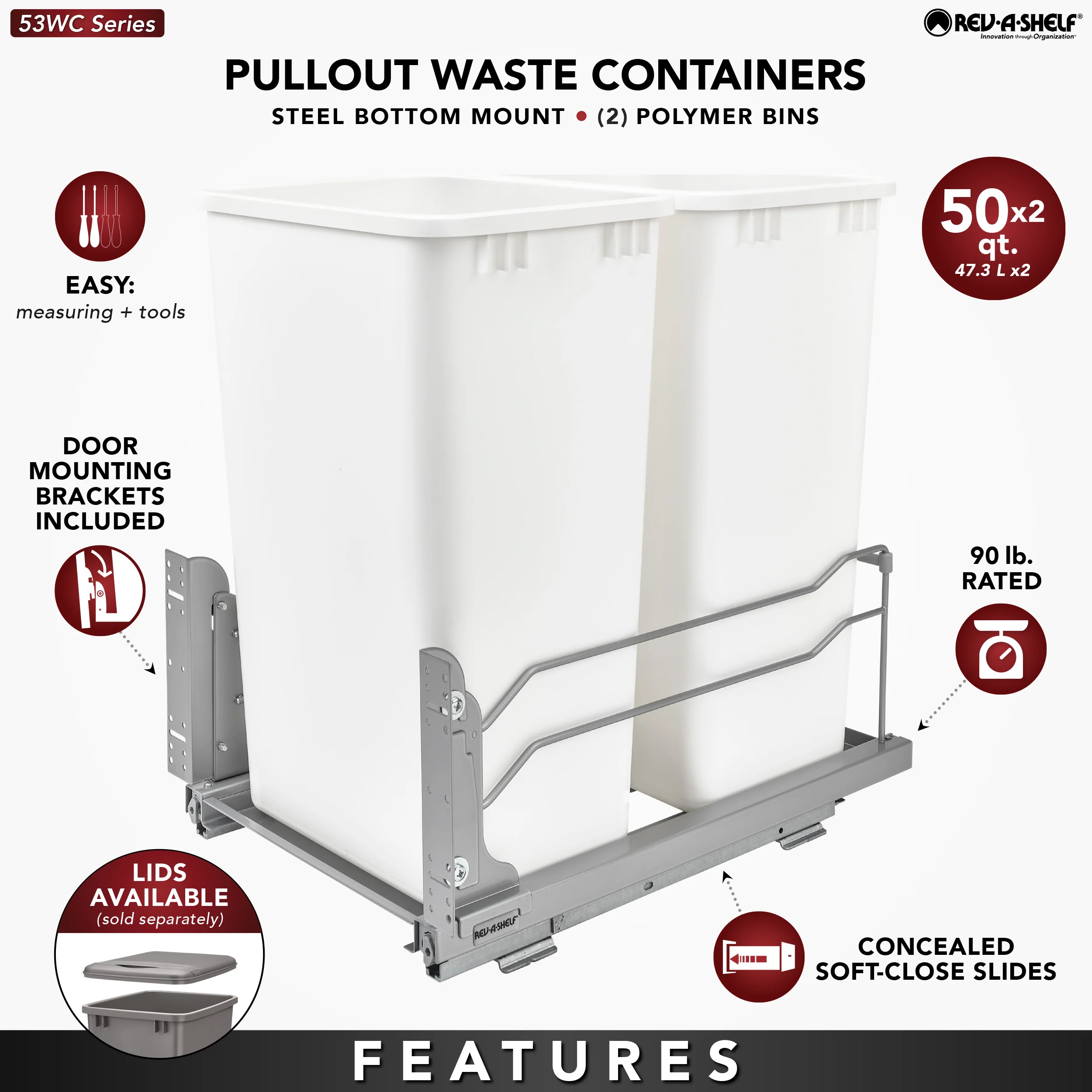 Rev-A-Shelf 50-Quart Plastic Soft-Close Pull-Out Trash Can, Dual Bins, 14.75 in W x 22.25 in D x 22.88 in H - Image 6