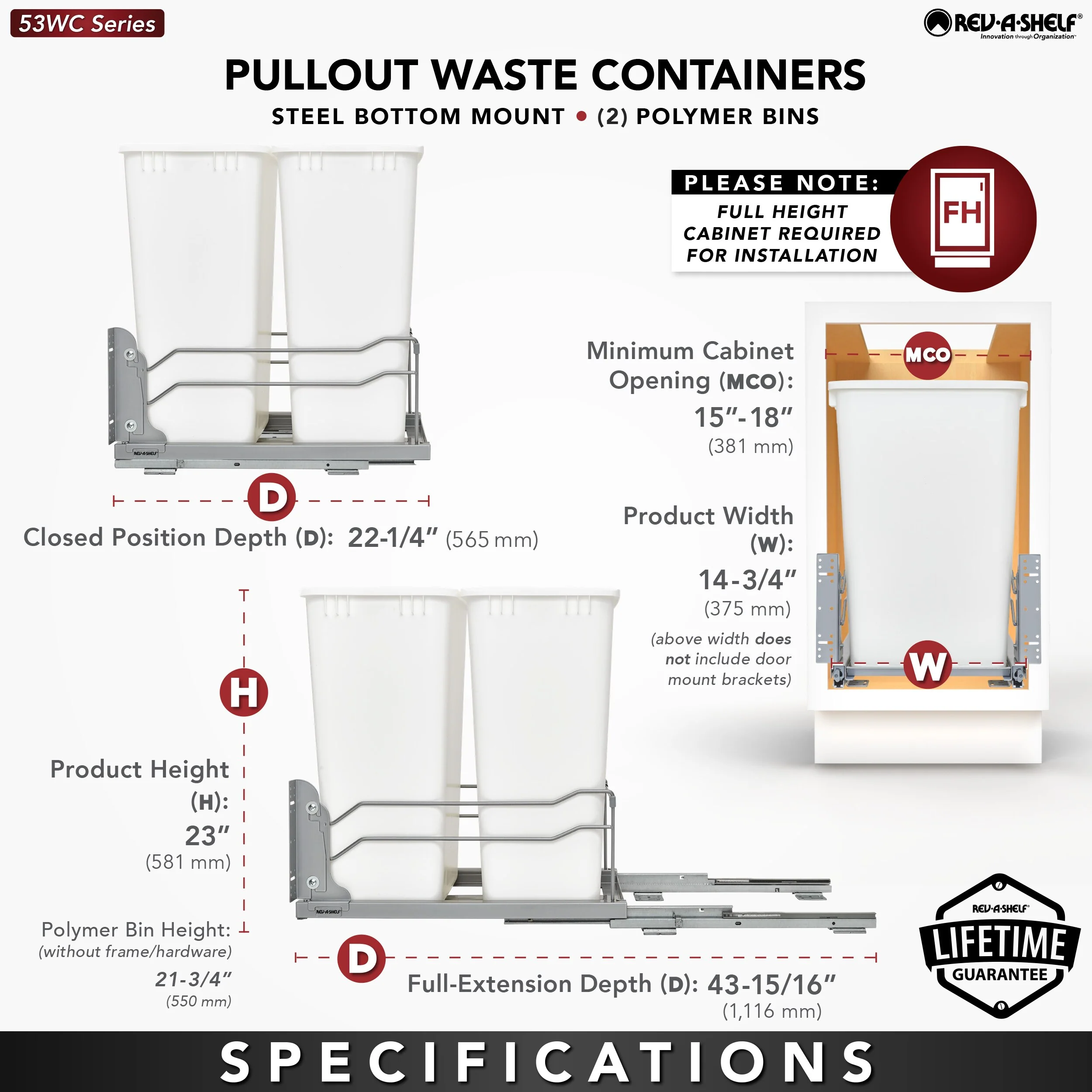 Rev-A-Shelf 50-Quart Plastic Soft-Close Pull-Out Trash Can, Dual Bins, 14.75 in W x 22.25 in D x 22.88 in H - Image 5