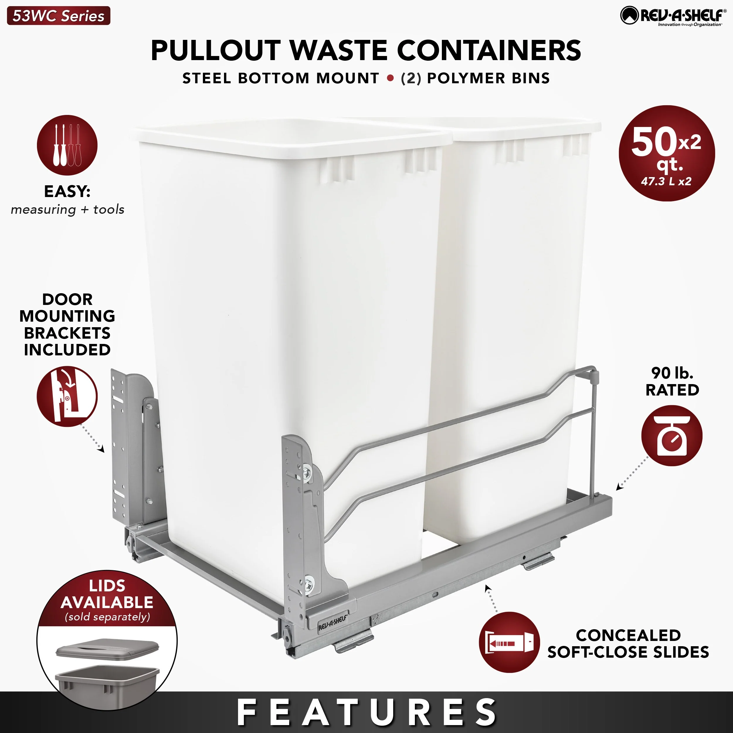 Rev-A-Shelf 50-Quart Plastic Soft-Close Pull-Out Trash Can, Dual Bins, 15–18 in Cabinet - Image 5