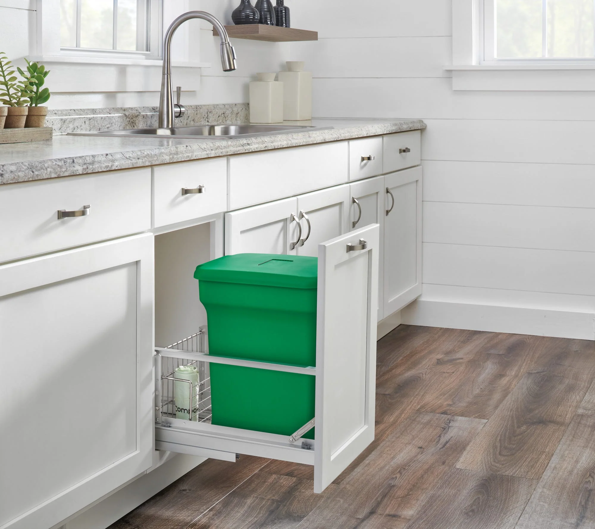 Rev-A-Shelf 5349 Series 35-Quart Compo+ Soft-Close Pull-Out Trash/Recycling Can, Aluminum Frame, Green Bin, Double 18 in - Image 5