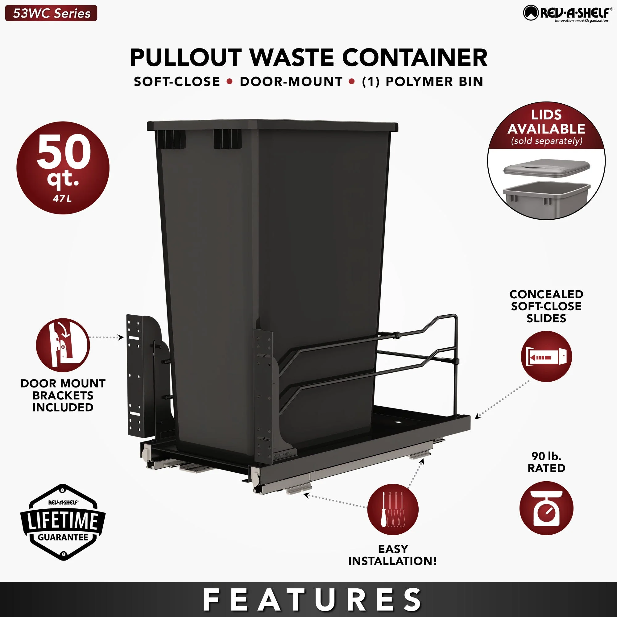 Rev-A-Shelf 53WC Series 50-Quart Single Pull-Out Trash Can with Soft-Close, Door-Mount, Black Frame - Image 8