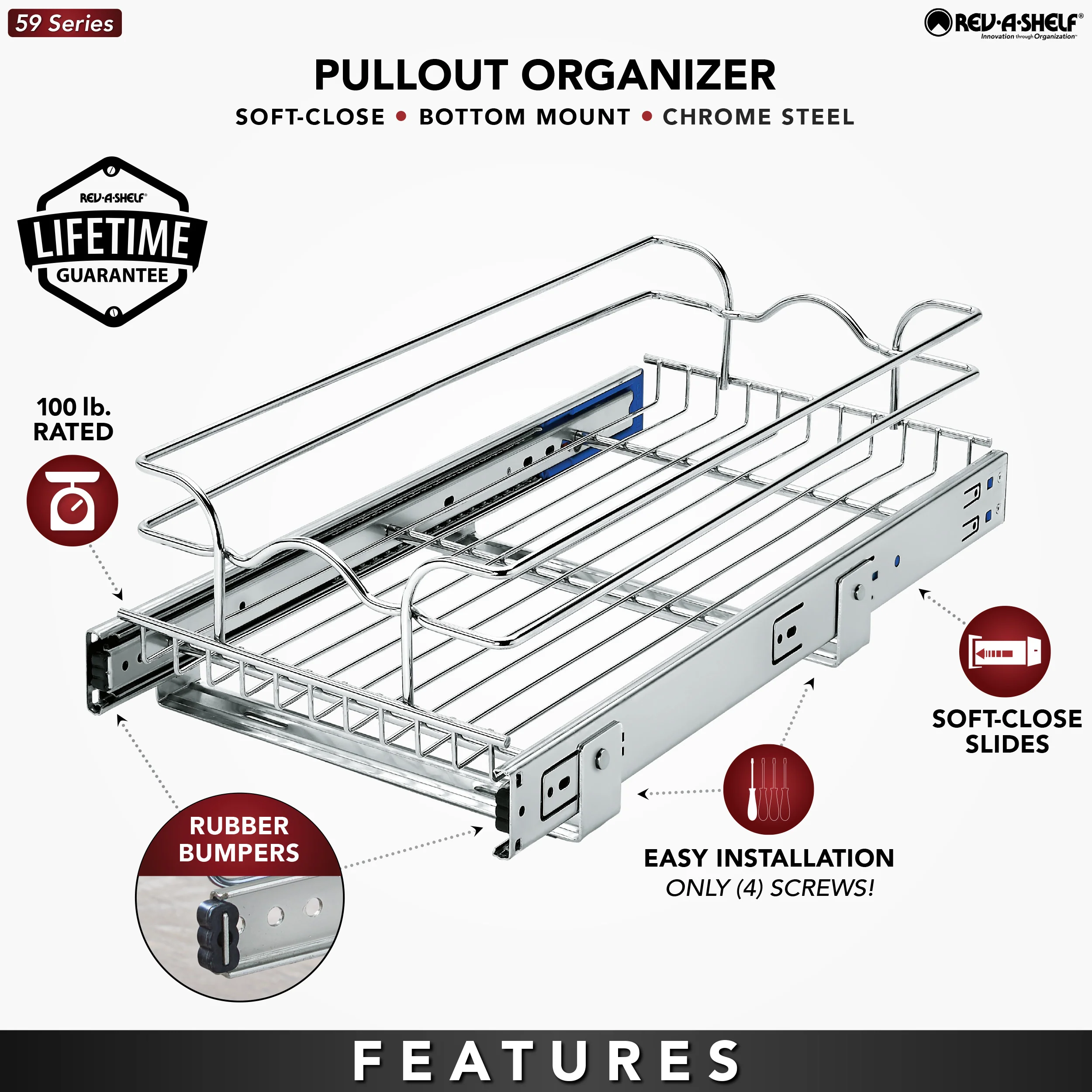 Rev-A-Shelf 59 Series 11.5-in W x 6-in H x 22-in D Single-Tier Soft-Close Pull-Out Chrome Metal Basket - Image 5