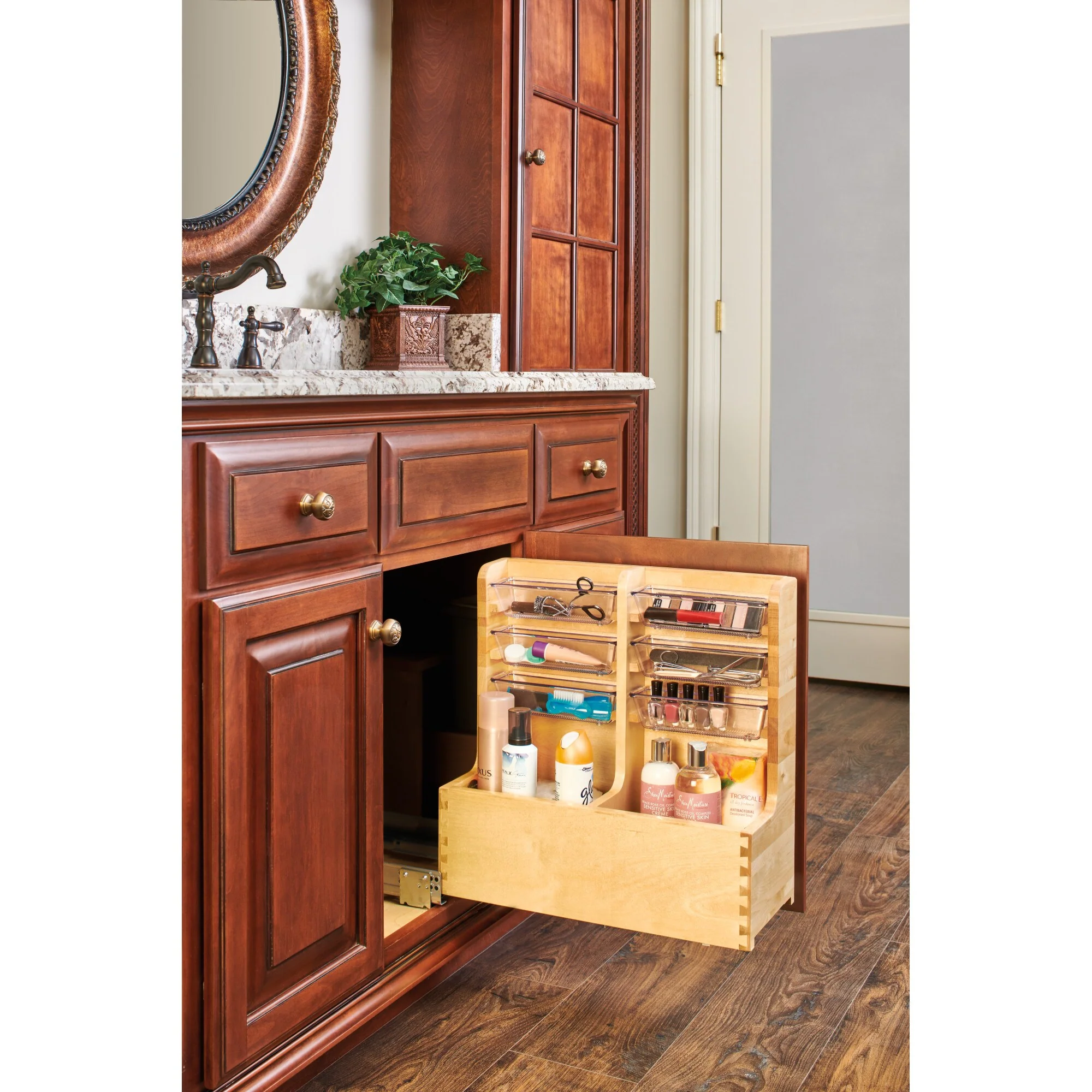 Rev-A-Shelf 8.75-in W x 18.88-in H 4-Tier Pull-Out Wood Soft-Close Vanity Organizer with Acrylic Bins - Image 3