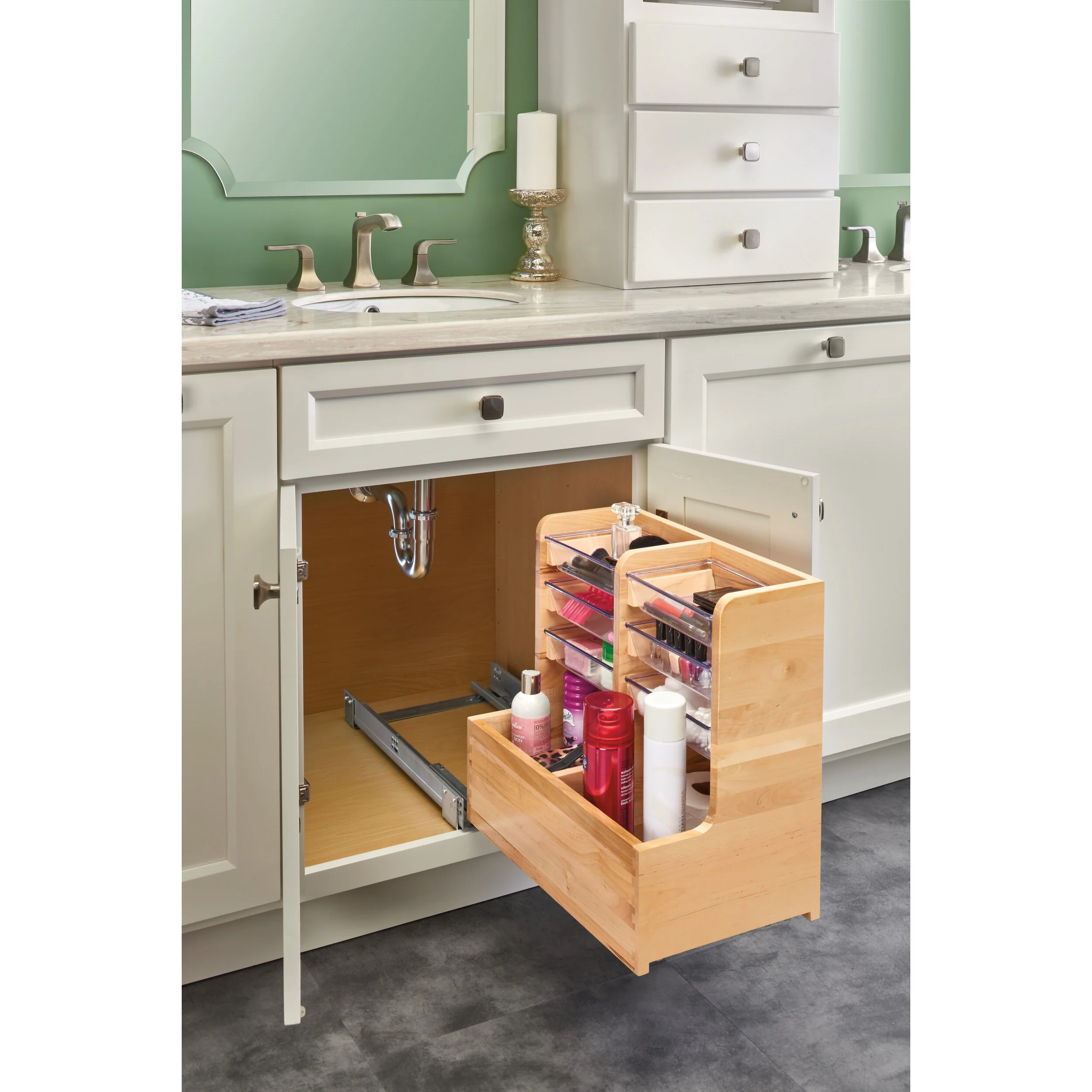 Rev-A-Shelf 8.75-in W x 18.88-in H 4-Tier Pull-Out Wood Soft-Close Vanity Organizer with Acrylic Bins - Image 4
