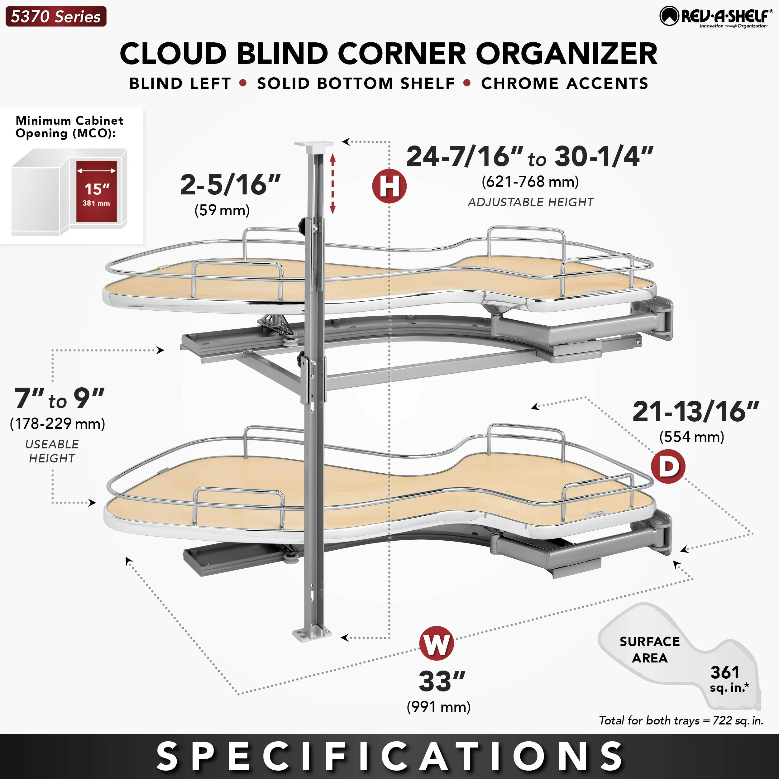 Rev-A-Shelf Cloud 33-in W x 24.5-in H 2-Tier Blind Corner Pull-Out Cabinet Organizer, Maple/Chrome - Image 5
