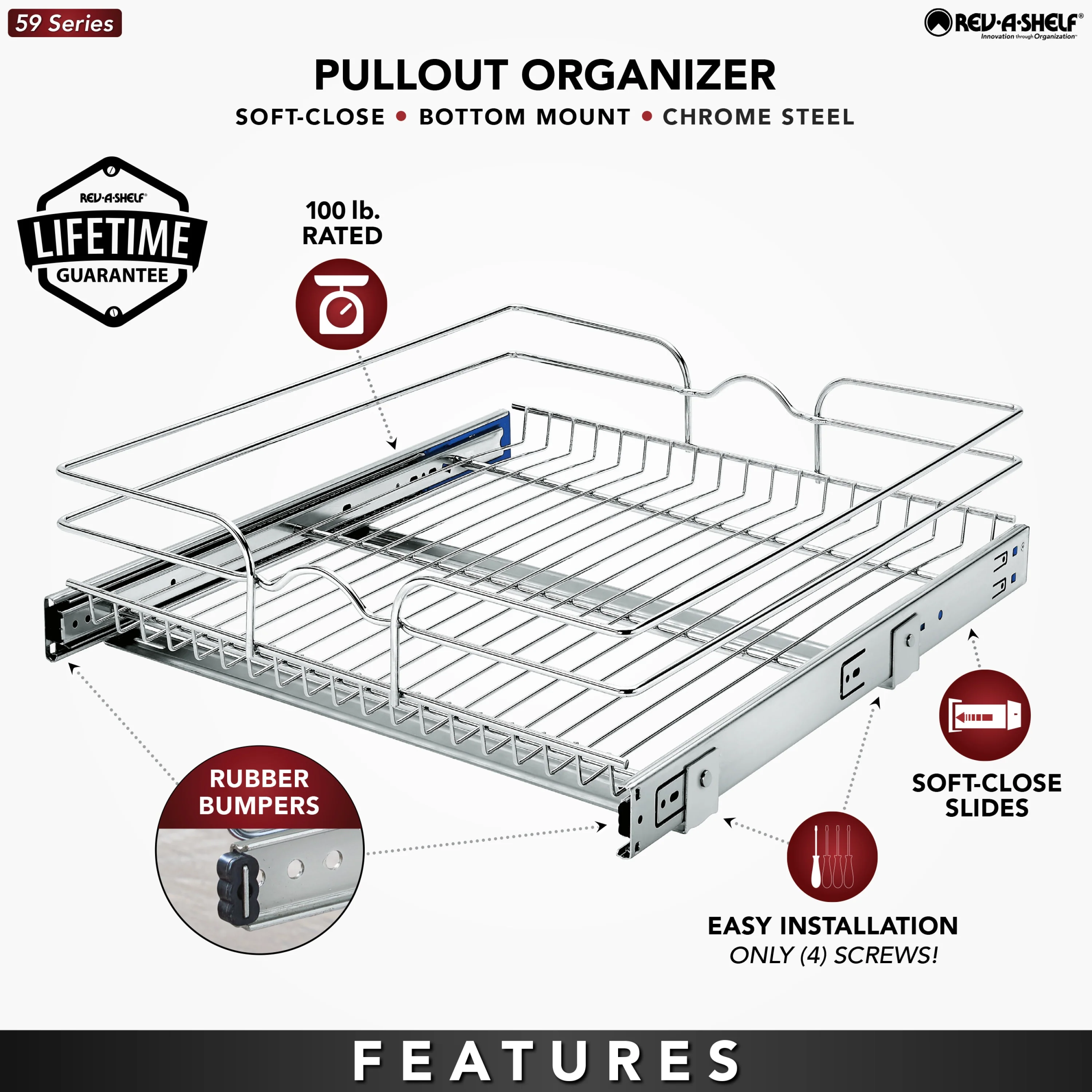 Rev-A-Shelf Single-Tier Pull-Out Basket Organizer, 20.5 in W x 6 in H x 22 in D, Chrome, Soft-Close - Image 5