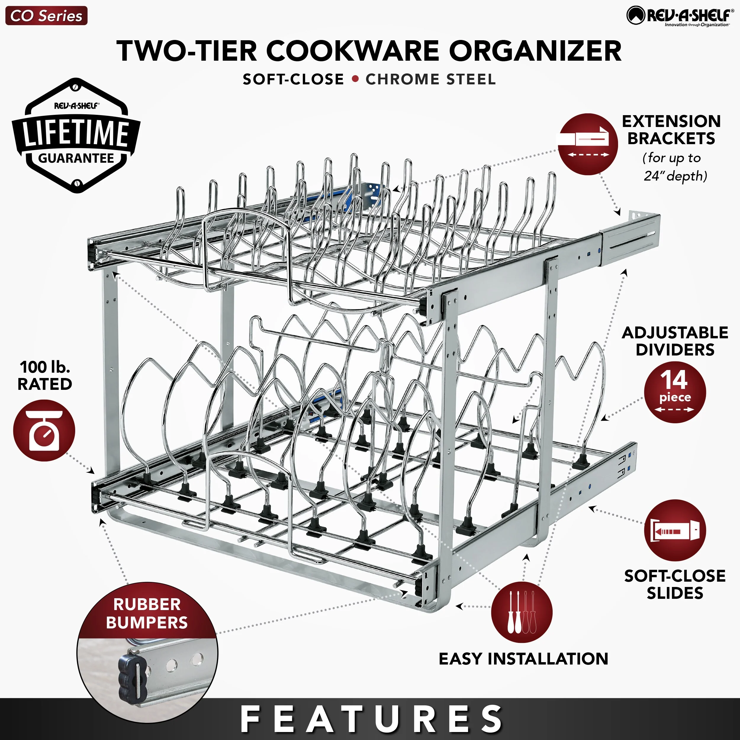 Rev-A-Shelf Two-Tier Pull-Out Baskets, 20.75-in W x 18.12-in H x 22-in D, Soft-Close Chrome Metal Organizer - Image 8