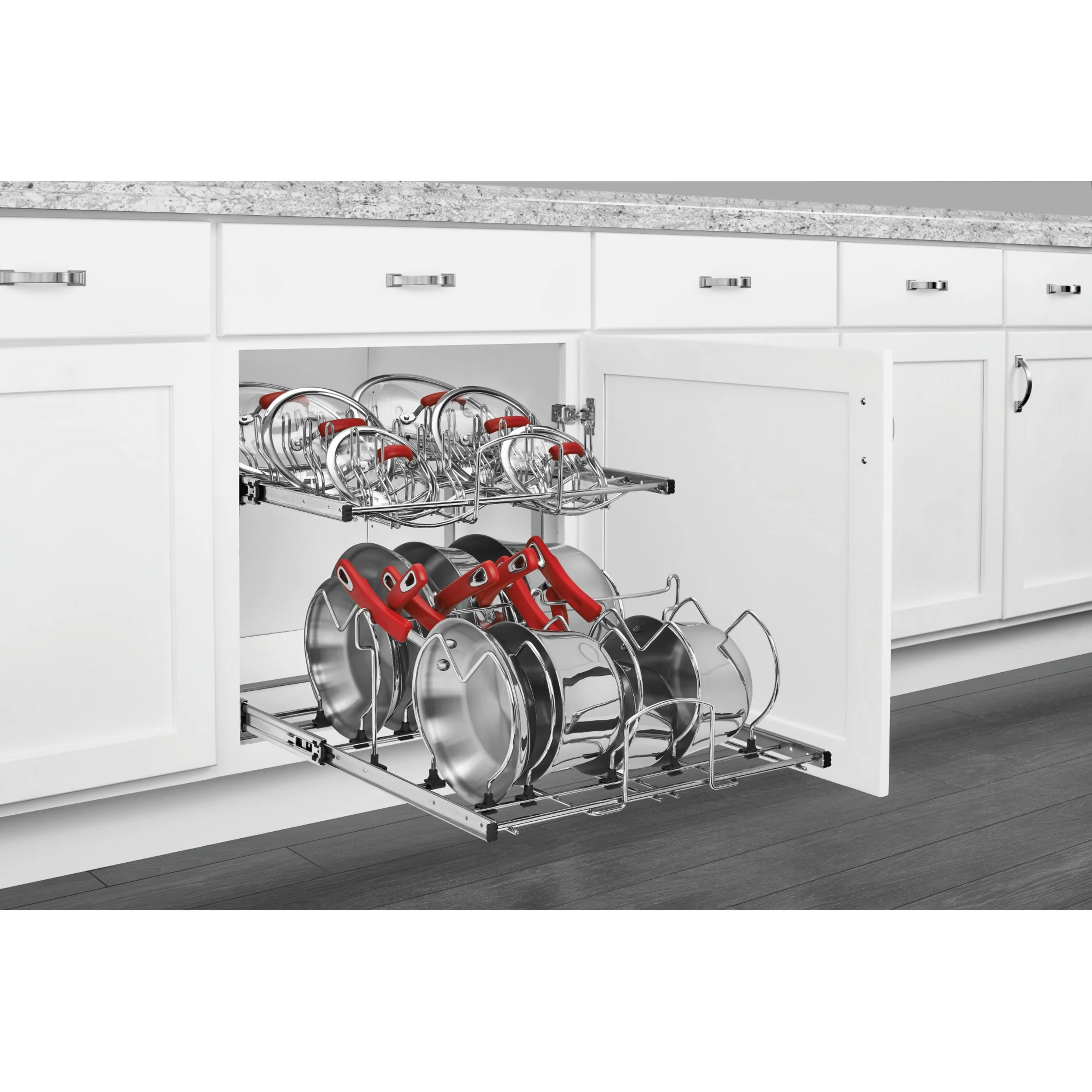 Rev-A-Shelf Two-Tier Pull-Out Cookware Organizer, 20.75-in W x 18-in H, Chrome, Soft-Close - Image 2