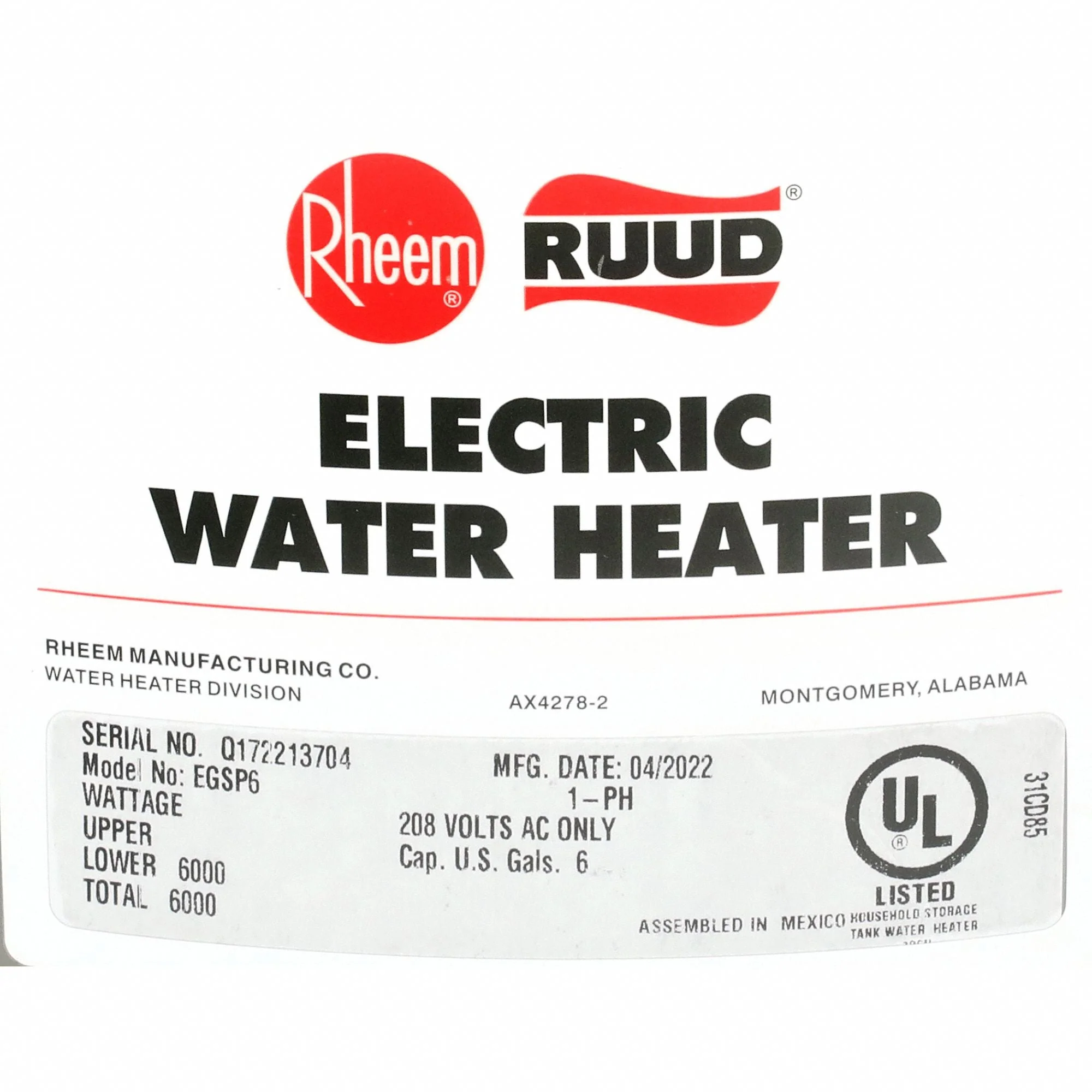 RHEEM 6-Gallon Electric Water Heater, Compact 120V, 1,500W - Image 2