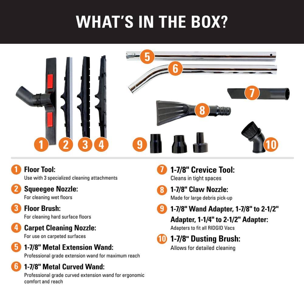 RIDGID 1-7/8 in. and 2-1/2 in. Heavy-Duty Cleaning Accessory Kit for Wet/Dry Shop Vacuums, 12-Piece (VT2575) - Image 2