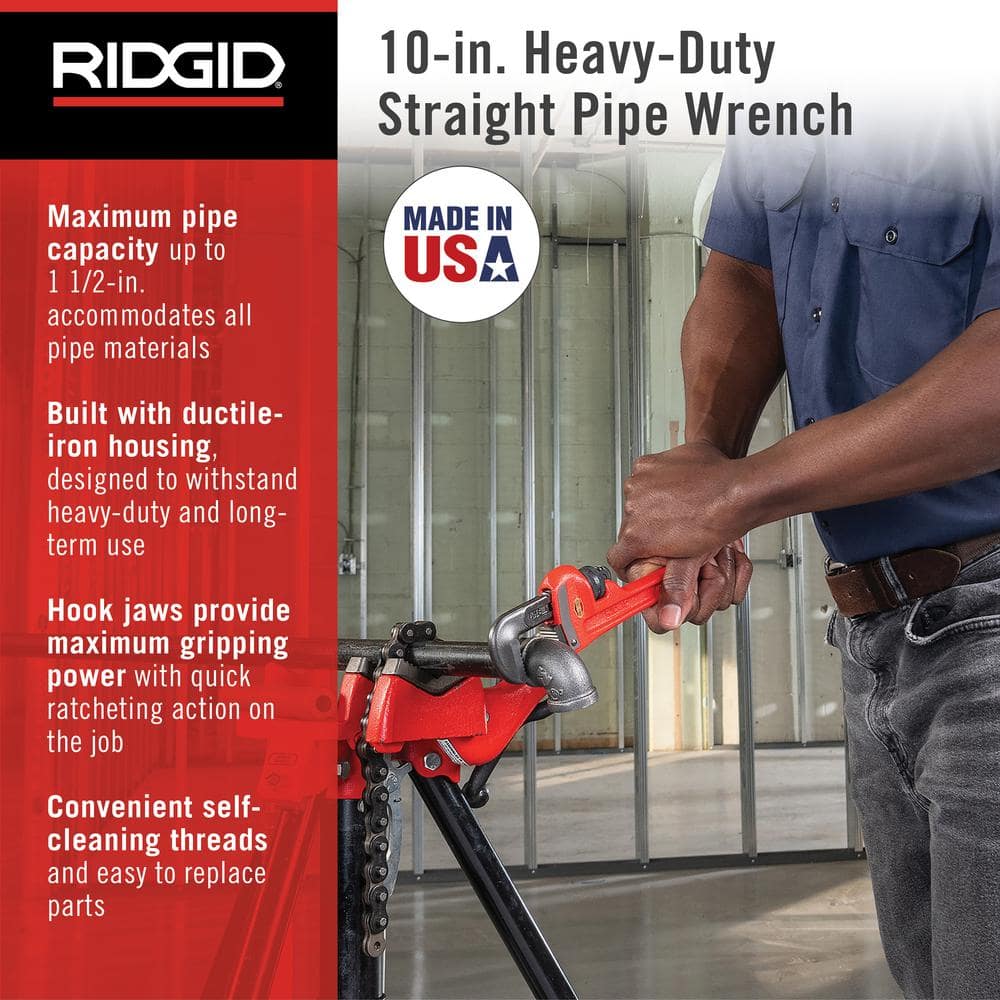 RIDGID 10 in. Heavy-Duty Straight Pipe Wrench, 1-1/2 in. Capacity - Image 2