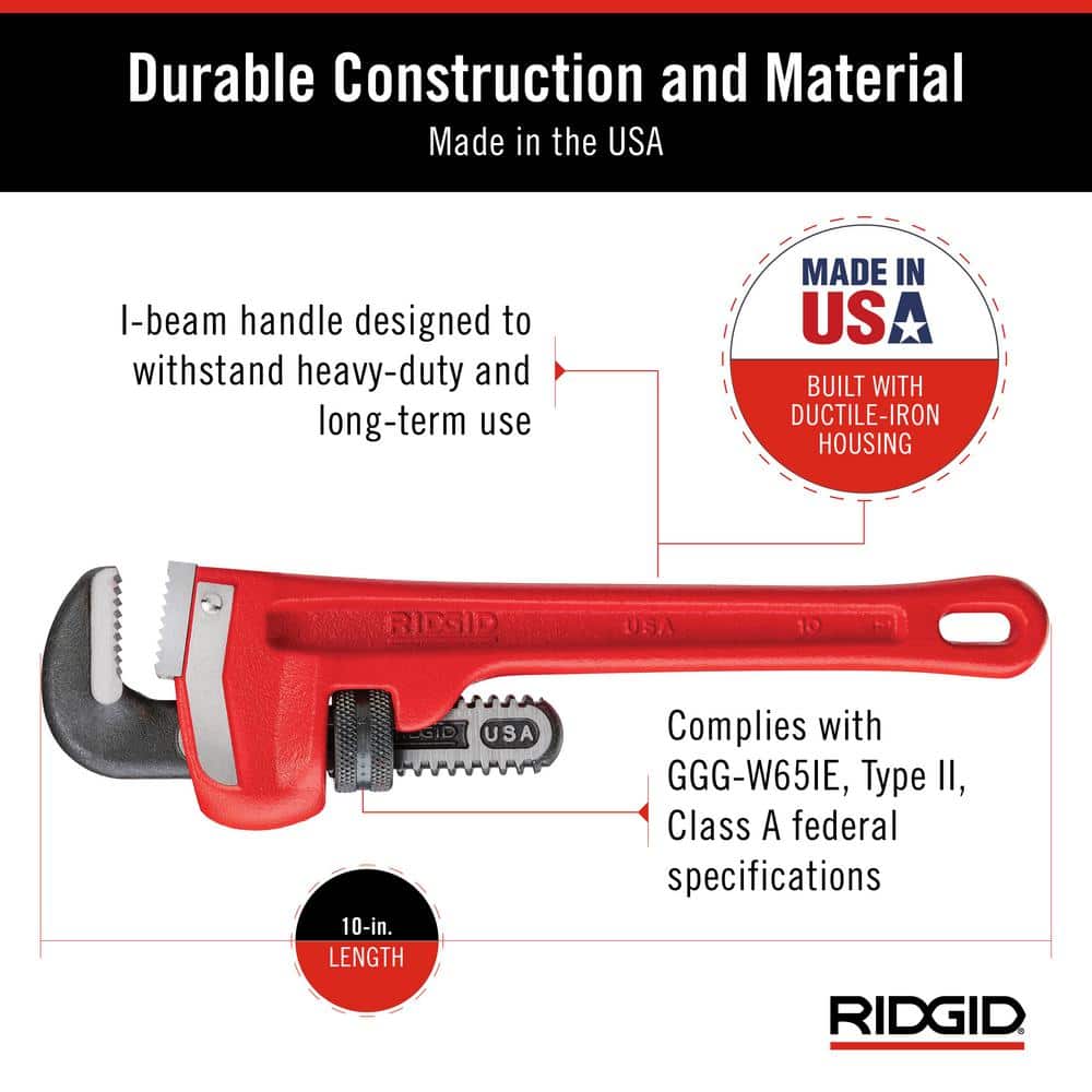 RIDGID 10 in. Heavy-Duty Straight Pipe Wrench, 1-1/2 in. Capacity - Image 4