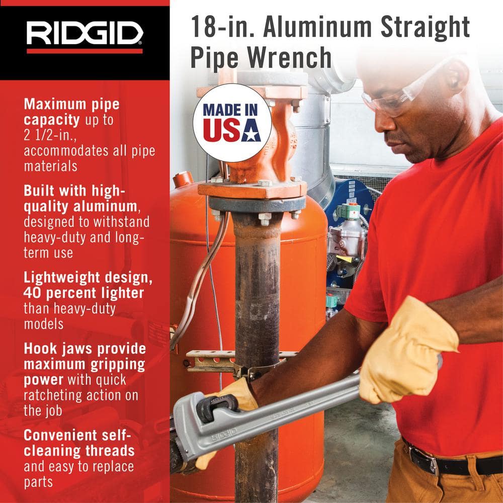 RIDGID 18 in. Aluminum Straight Pipe Wrench, 2-1/2 in. Capacity - Image 2