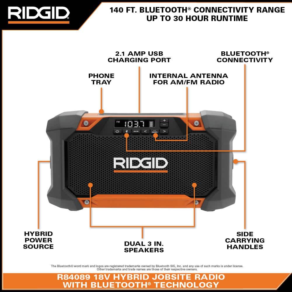 RIDGID 18-Volt Cordless Hybrid Jobsite Radio with Bluetooth Technology + 1.5Ah Lithium-Ion Battery - Image 3