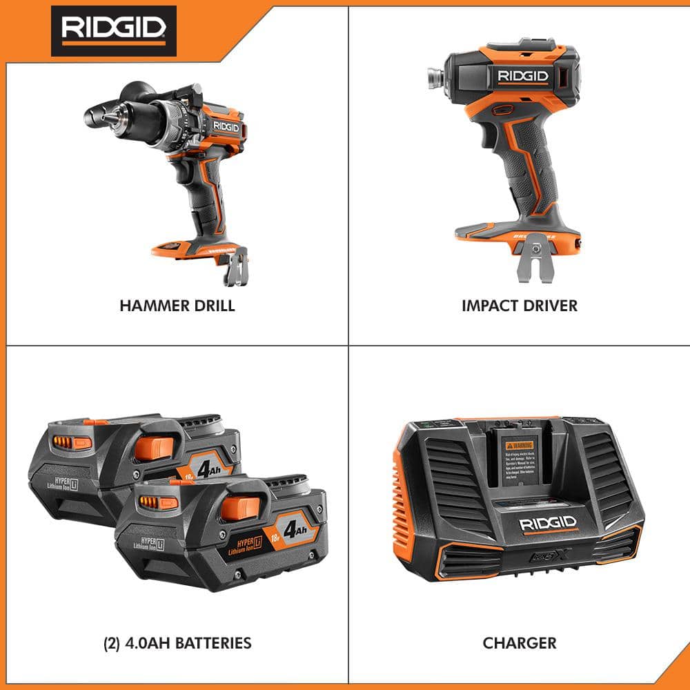 RIDGID 18-Volt Lithium-Ion Cordless Brushless Hammer Drill & Impact Driver Combo Kit with (2) 4.0Ah Batteries and Charger - Image 2