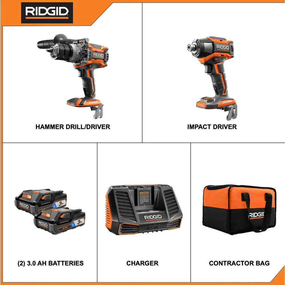 RIDGID 18-Volt OCTANE Lithium-Ion Cordless Brushless Combo Kit with Hammer Drill, Impact Driver, (2) 3.0 Ah Batteries, Charger - Image 4