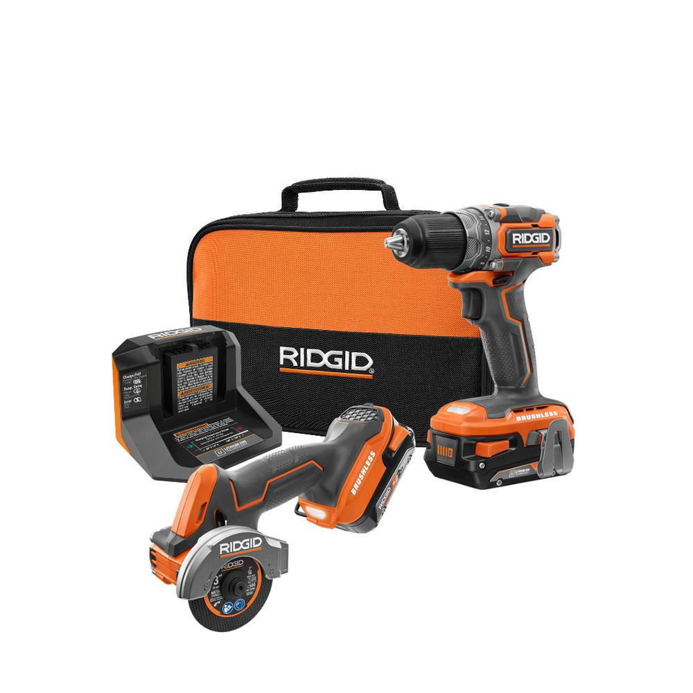 RIDGID 18-Volt SubCompact Brushless Drill/Driver Kit with 3 in. Multi-Material Saw, (2) 2.0 Ah Batteries, Charger and Bag