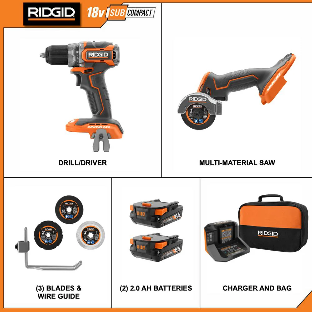 RIDGID 18-Volt SubCompact Brushless Drill/Driver Kit with 3 in. Multi-Material Saw, (2) 2.0 Ah Batteries, Charger and Bag - Image 2