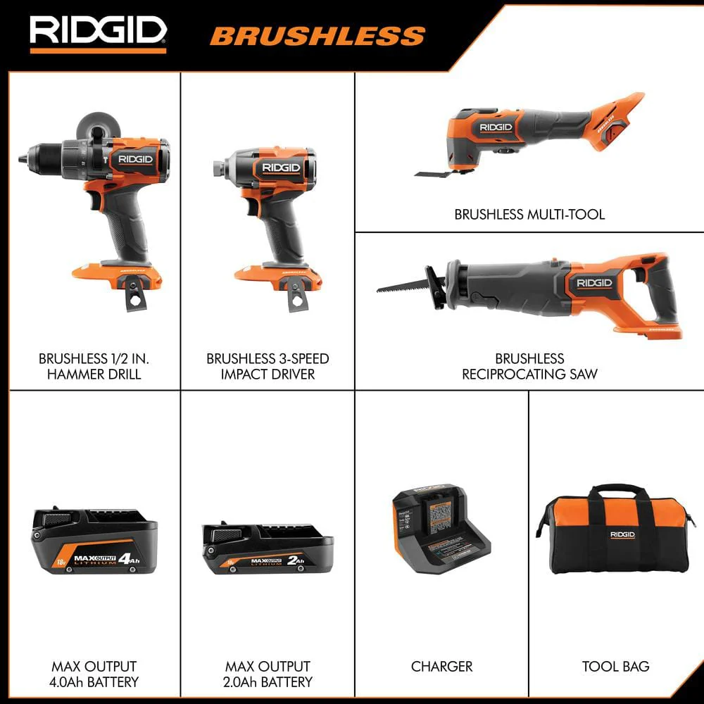 RIDGID 18V Brushless 4-Tool Combo Kit with 1/2 in. Hammer Drill, 3-Speed Impact Driver, Reciprocating Saw, Multi-Tool, (1) 2.0Ah & (1) 4.0Ah MAX Output Batteries, Charger and Bag - Image 2
