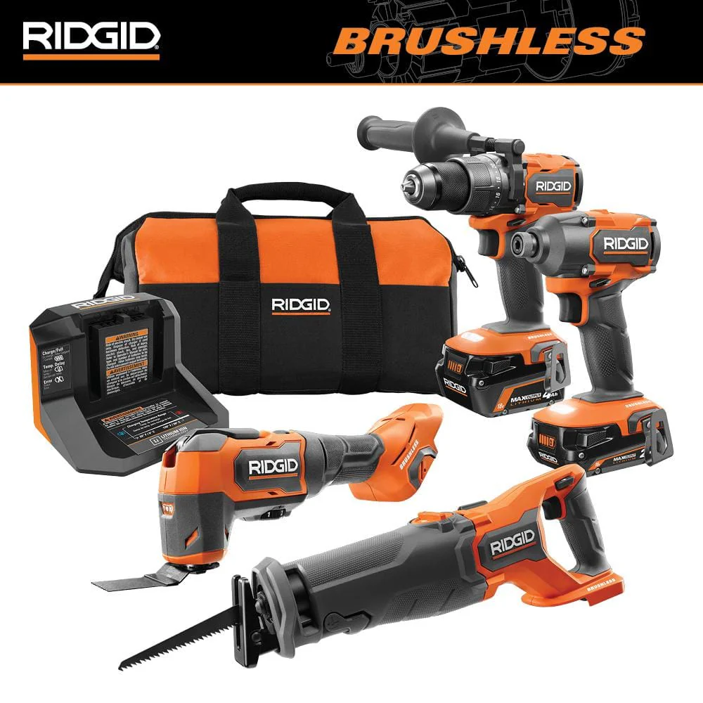RIDGID 18V Brushless Cordless 4-Tool Combo Kit with (1) 2.0Ah Battery, (1) 4.0Ah Battery, Charger and Bag