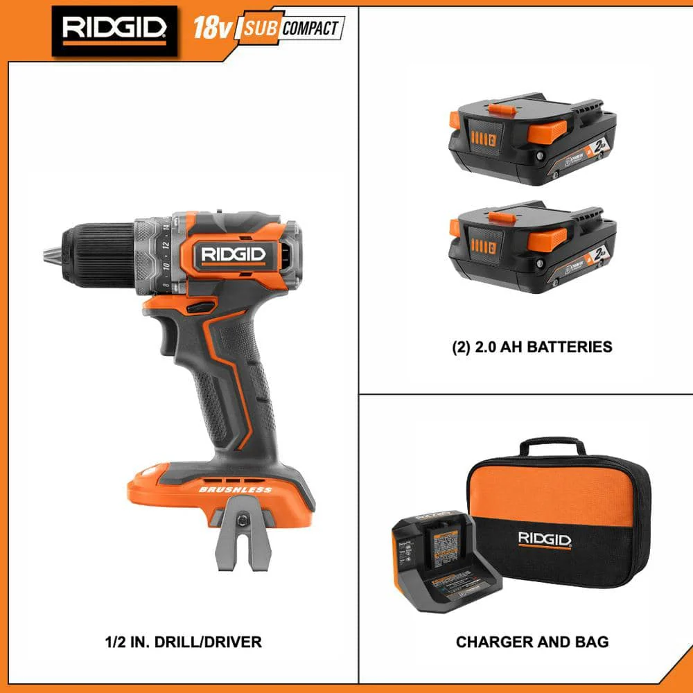 RIDGID 18V Brushless SubCompact Cordless 1/2 in. Drill/Driver Kit with (2) 2.0 Ah Batteries, Charger and Bag - Image 2