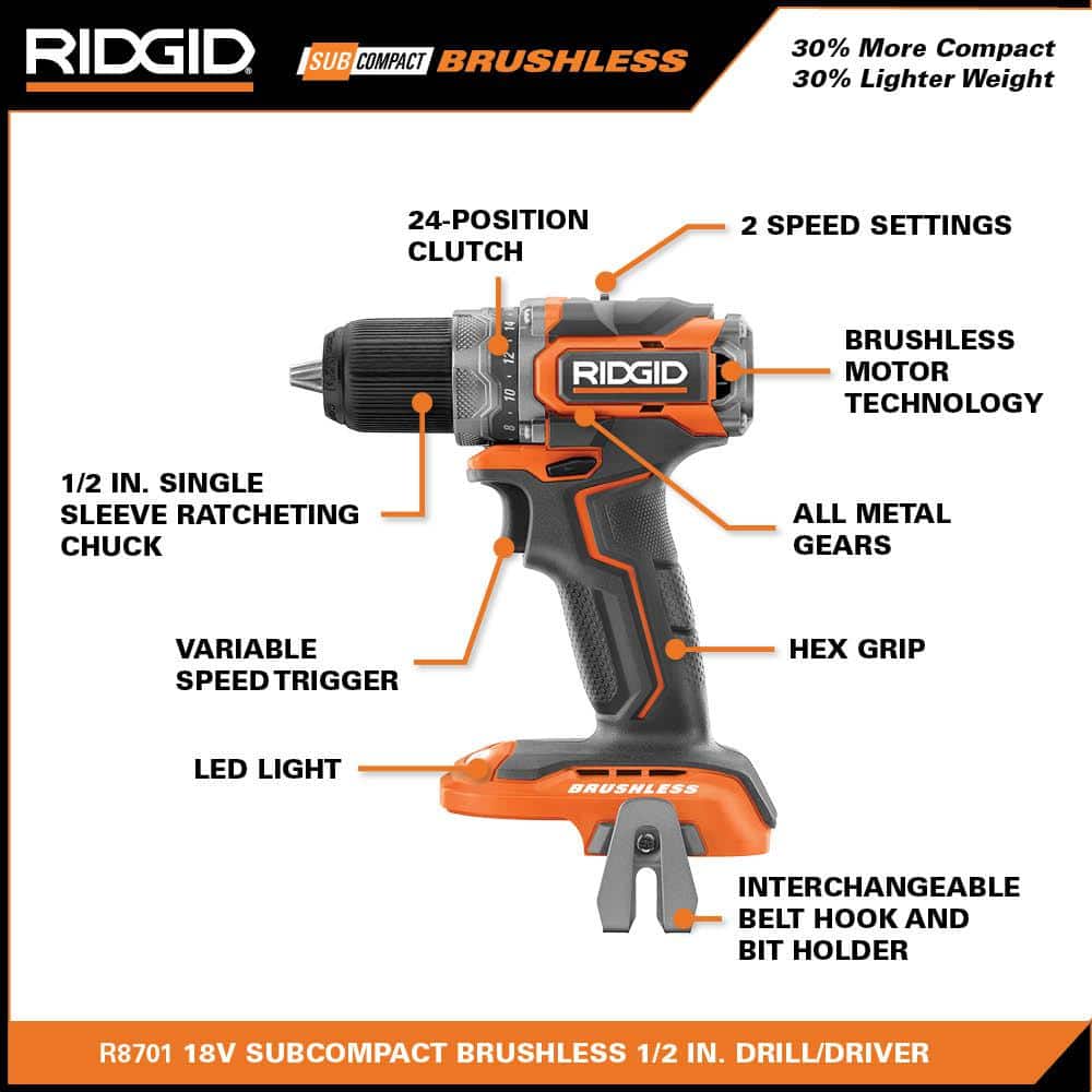 RIDGID 18V Brushless SubCompact Drill/Driver and Impact Driver Combo Kit with (2) 2.0Ah Batteries, Charger and Bag - Image 3