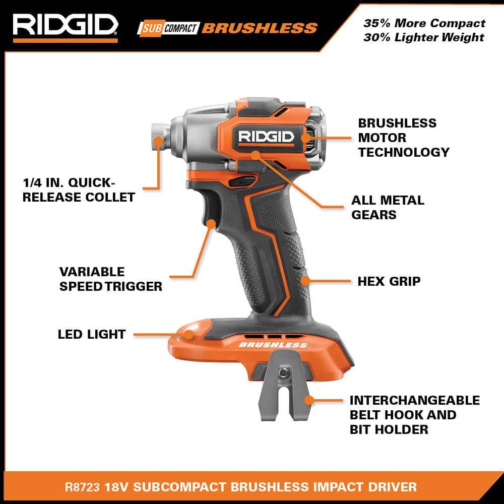 RIDGID 18V Brushless SubCompact Drill/Driver and Impact Driver Combo Kit with (2) 2.0Ah Batteries, Charger and Bag - Image 4