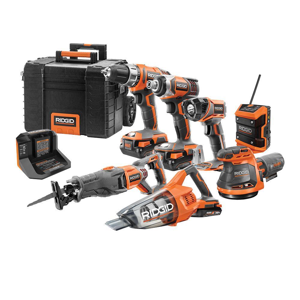 RIDGID 18V Cordless Combo Kit, 7-Tool with Rolling Keter Case, (3) 2.0 Ah Batteries and Charger