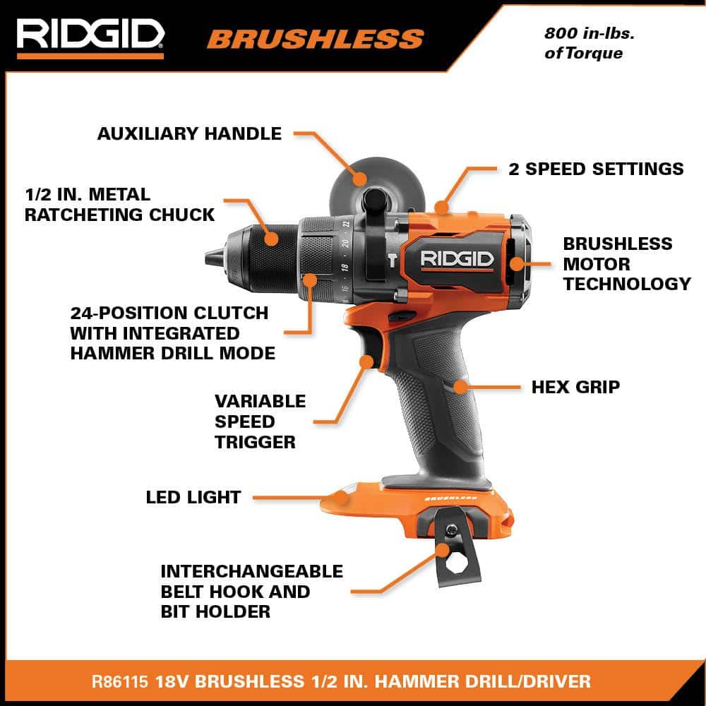 RIDGID 18V Lithium-Ion Brushless 4-Tool Combo Kit with (1) 2.0Ah & (1) 4.0Ah MAX Output Batteries, Charger, Bag + Free OCTANE Impact Wrench - Image 4