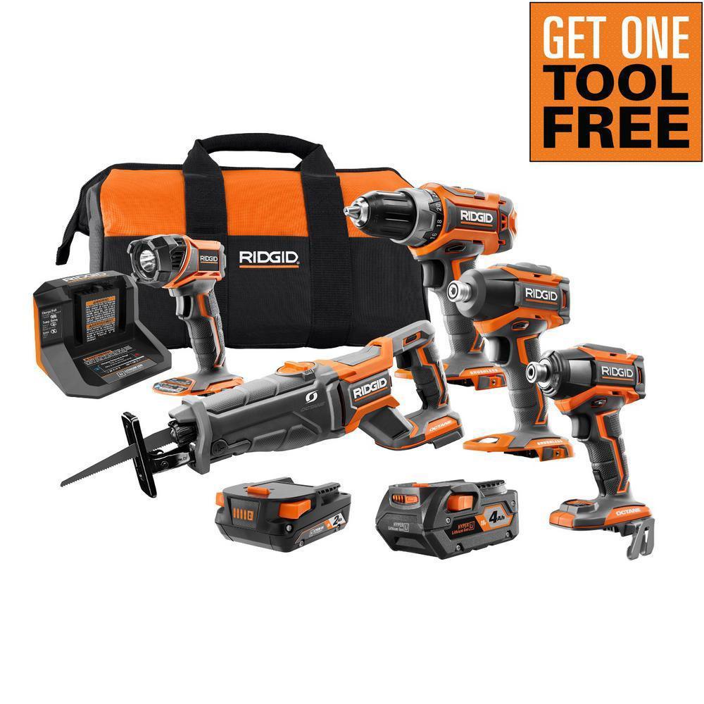 RIDGID 18V Lithium-Ion Brushless 4-Tool Combo Kit with (1) 2.0Ah Battery, (1) 4.0Ah Battery, Charger, Bag + Free OCTANE Impact Driver