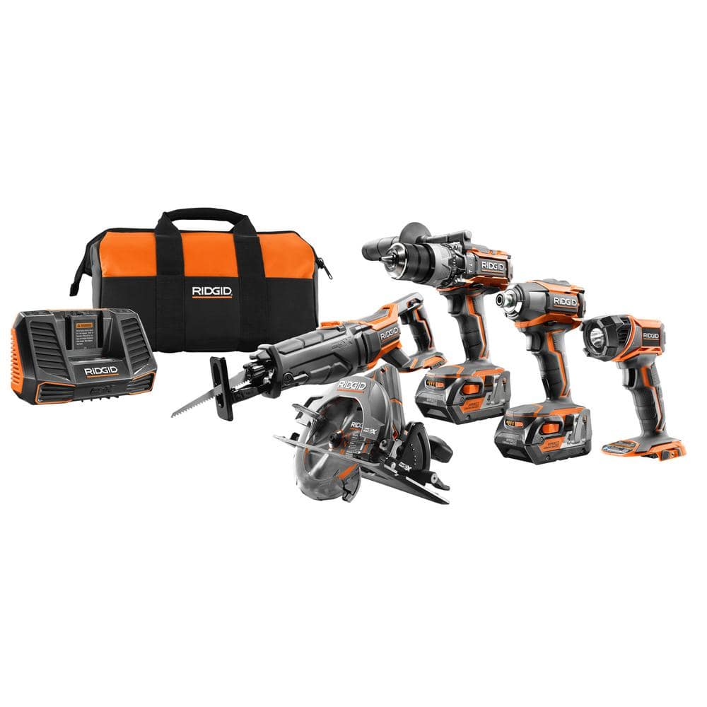 RIDGID 18V Lithium‑Ion Cordless 5‑Tool Combo Kit with (2) 4.0 Ah Batteries, 18V Charger and Contractor's Bag