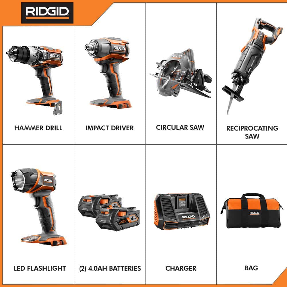 RIDGID 18V Lithium‑Ion Cordless 5‑Tool Combo Kit with (2) 4.0 Ah Batteries, 18V Charger and Contractor's Bag - Image 2
