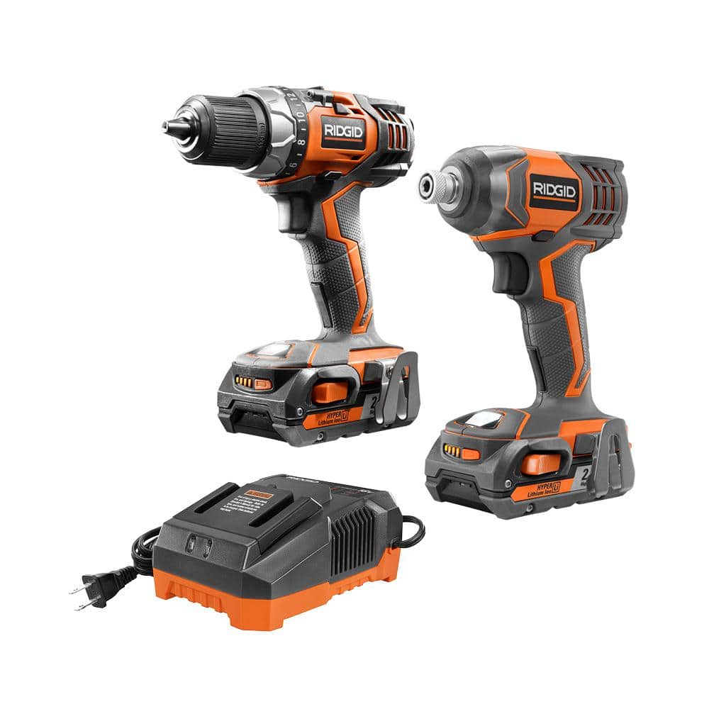 RIDGID 18V Lithium-Ion Cordless Drill/Driver & Impact Driver 2-Tool Combo Kit with (2) 2.0 Ah Batteries, Charger and Bag
