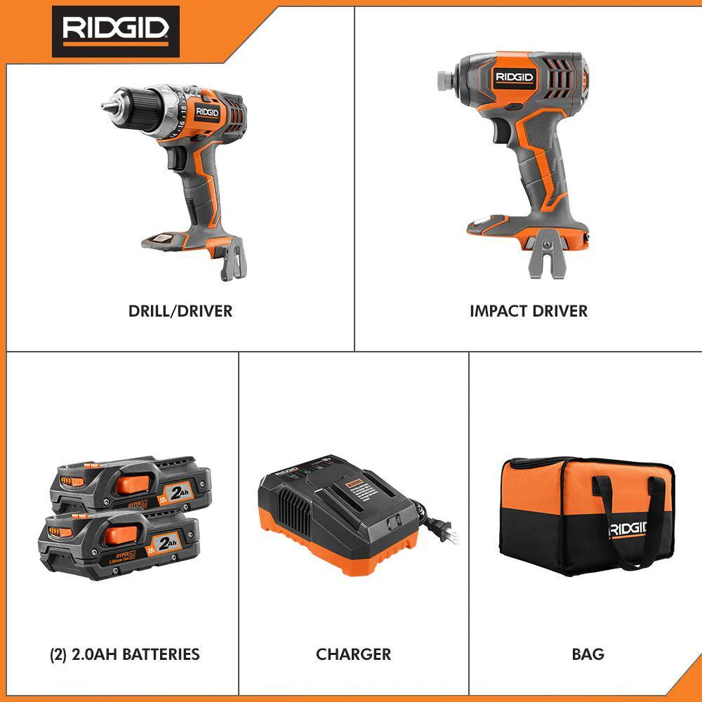 RIDGID 18V Lithium-Ion Cordless Drill/Driver & Impact Driver 2-Tool Combo Kit with (2) 2.0 Ah Batteries, Charger and Bag - Image 2
