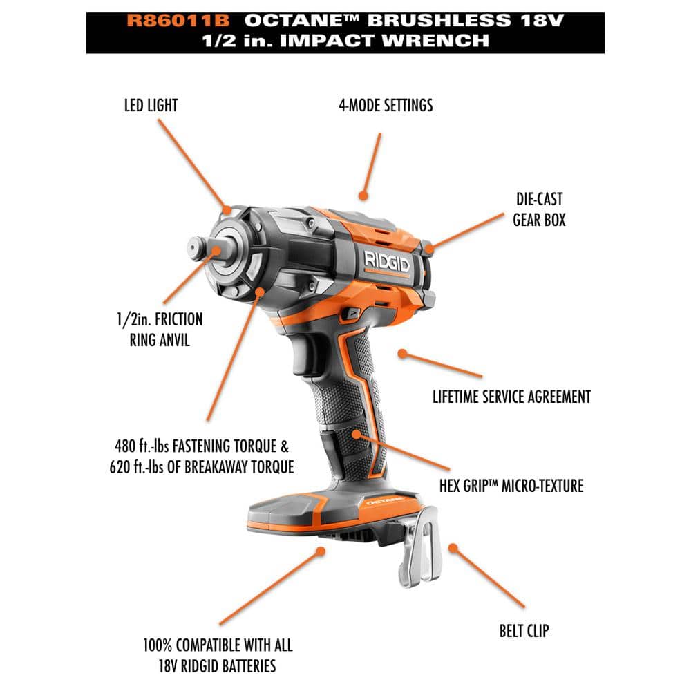RIDGID 18V OCTANE Brushless Cordless 1/2 in. Impact Wrench (Tool Only) with Belt Clip - Image 3
