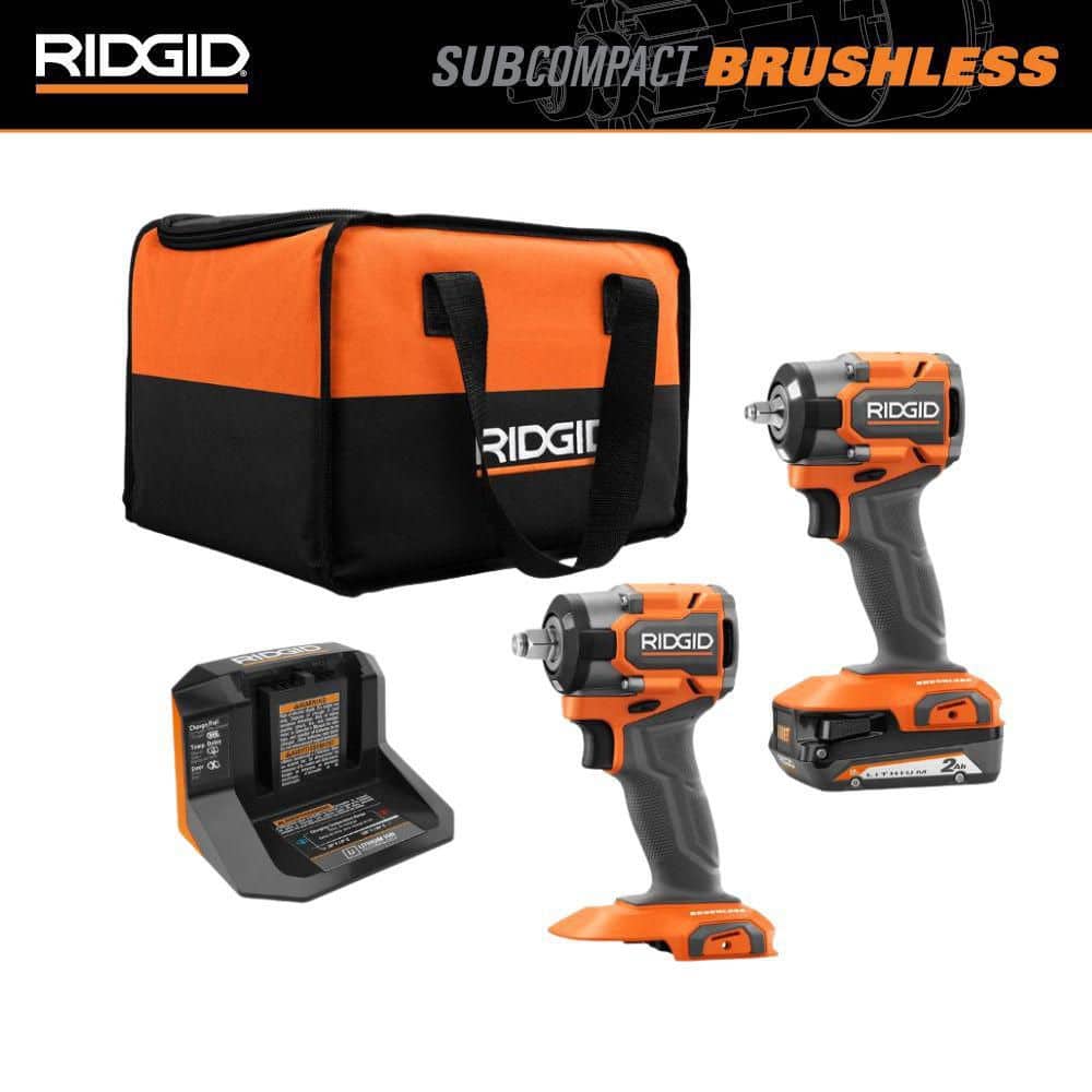 RIDGID 18V SubCompact Brushless 2-Tool Combo Kit with (2) 2.0 Ah Batteries, Charger, Bag + Free 3/8 in. Impact Wrench