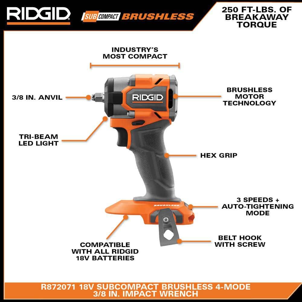 RIDGID 18V SubCompact Brushless 2-Tool Combo Kit with (2) 2.0 Ah Batteries, Charger, Bag + Free 3/8 in. Impact Wrench - Image 3
