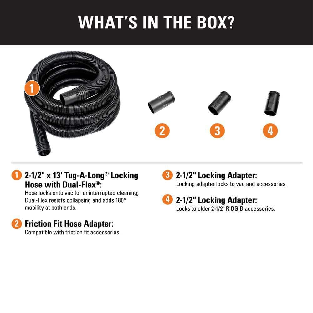 RIDGID 2-1/2 in. x 13 ft. Dual-Flex Tug-A-Long Locking Vacuum Hose for Wet/Dry Shop Vacuums - Image 2