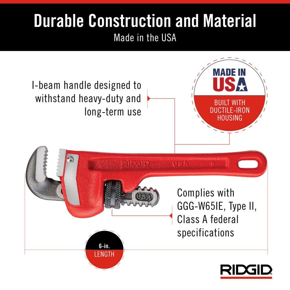 RIDGID 6 in. Heavy-Duty Straight Pipe Wrench, 3/4 in. Capacity - Image 4