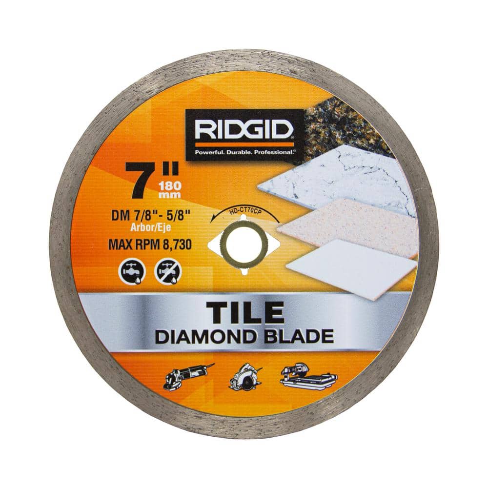 RIDGID 7 in. Continuous Rim Diamond Tile Blade, DM 7/8 in.–5/8 in. Arbor, Max 8,730 RPM
