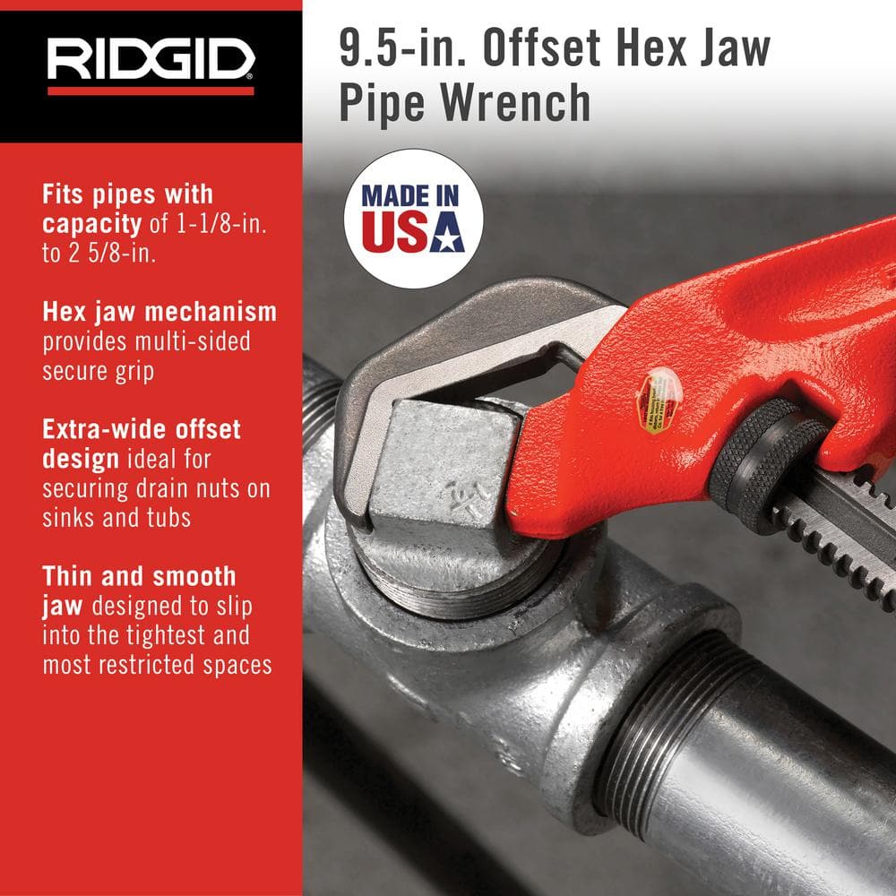 RIDGID E-110 Offset Hex Jaw Pipe Wrench, 9-1/2 in. Length, 1-1/8 in. to 2-5/8 in. Capacity - Image 2