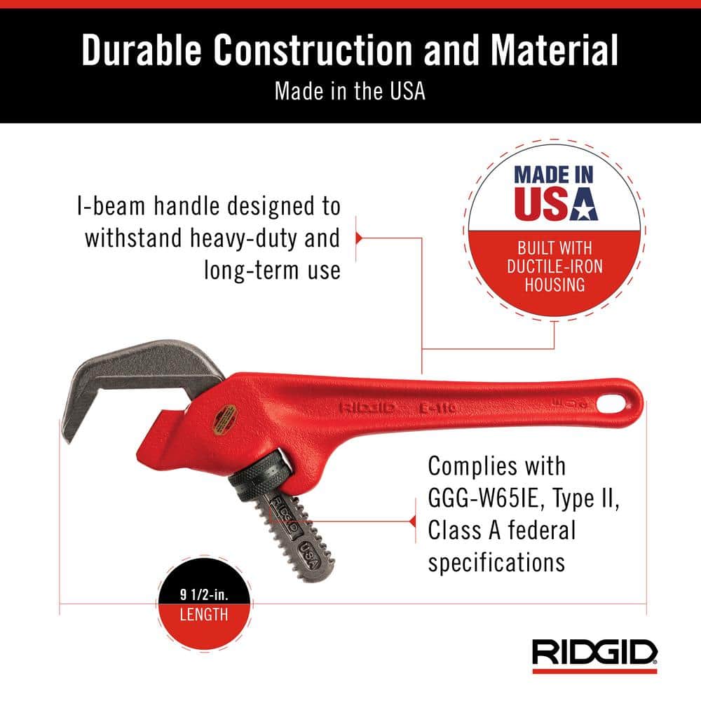 RIDGID E-110 Offset Hex Jaw Pipe Wrench, 9-1/2 in. Length, 1-1/8 in. to 2-5/8 in. Capacity - Image 6