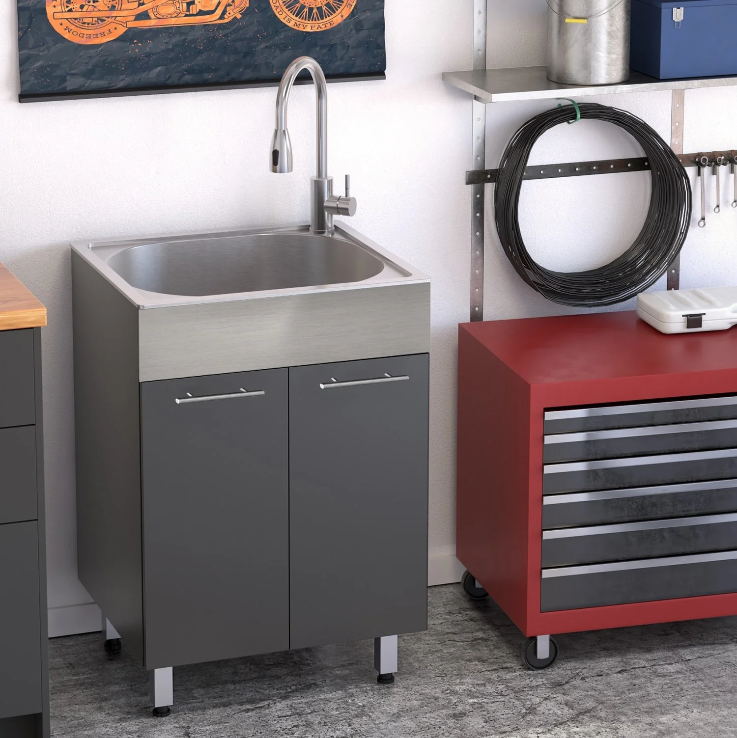 RuggedTub Charcoal Freestanding Utility Tub with Cabinet, Drain, and Faucet - Image 3