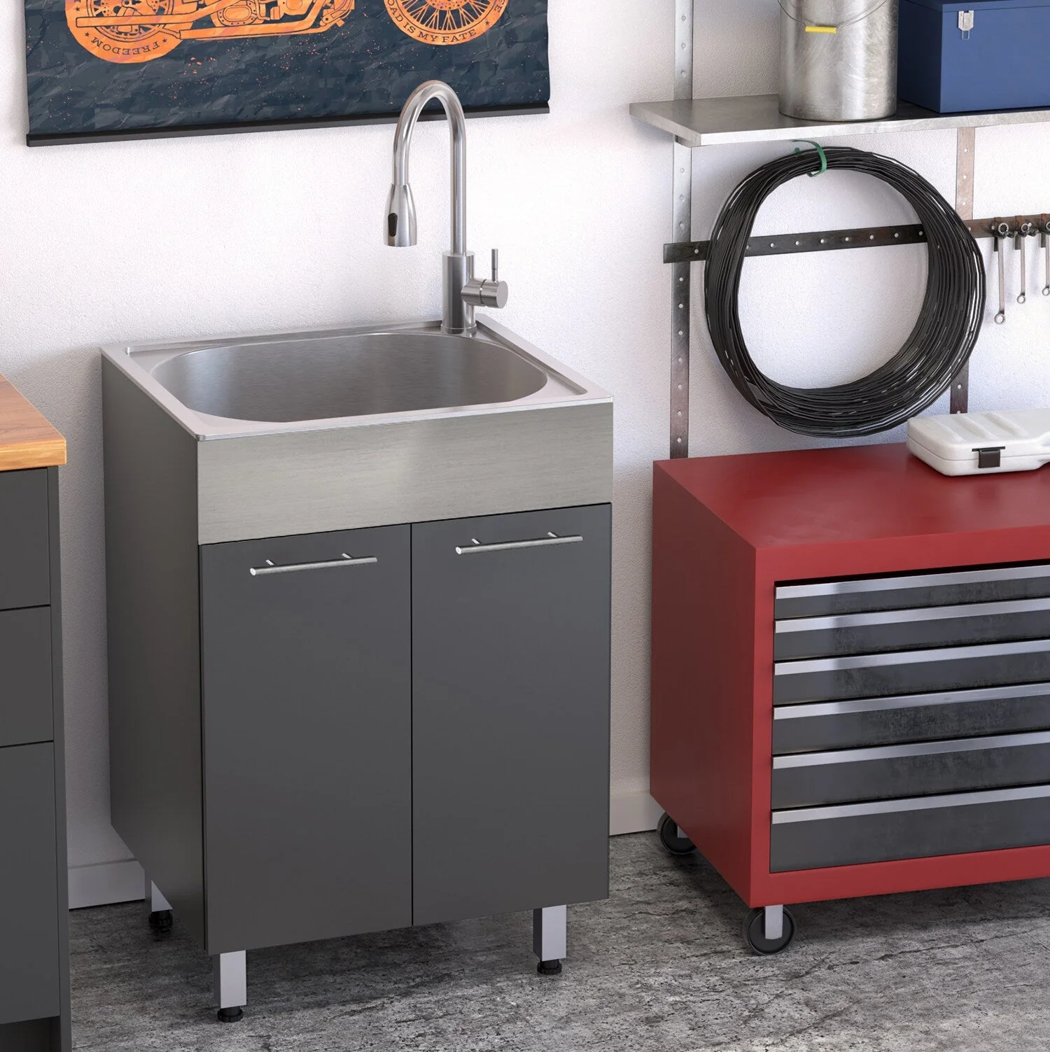 RuggedTub Charcoal Freestanding Utility Tub with Cabinet, Drain & Faucet - Image 3