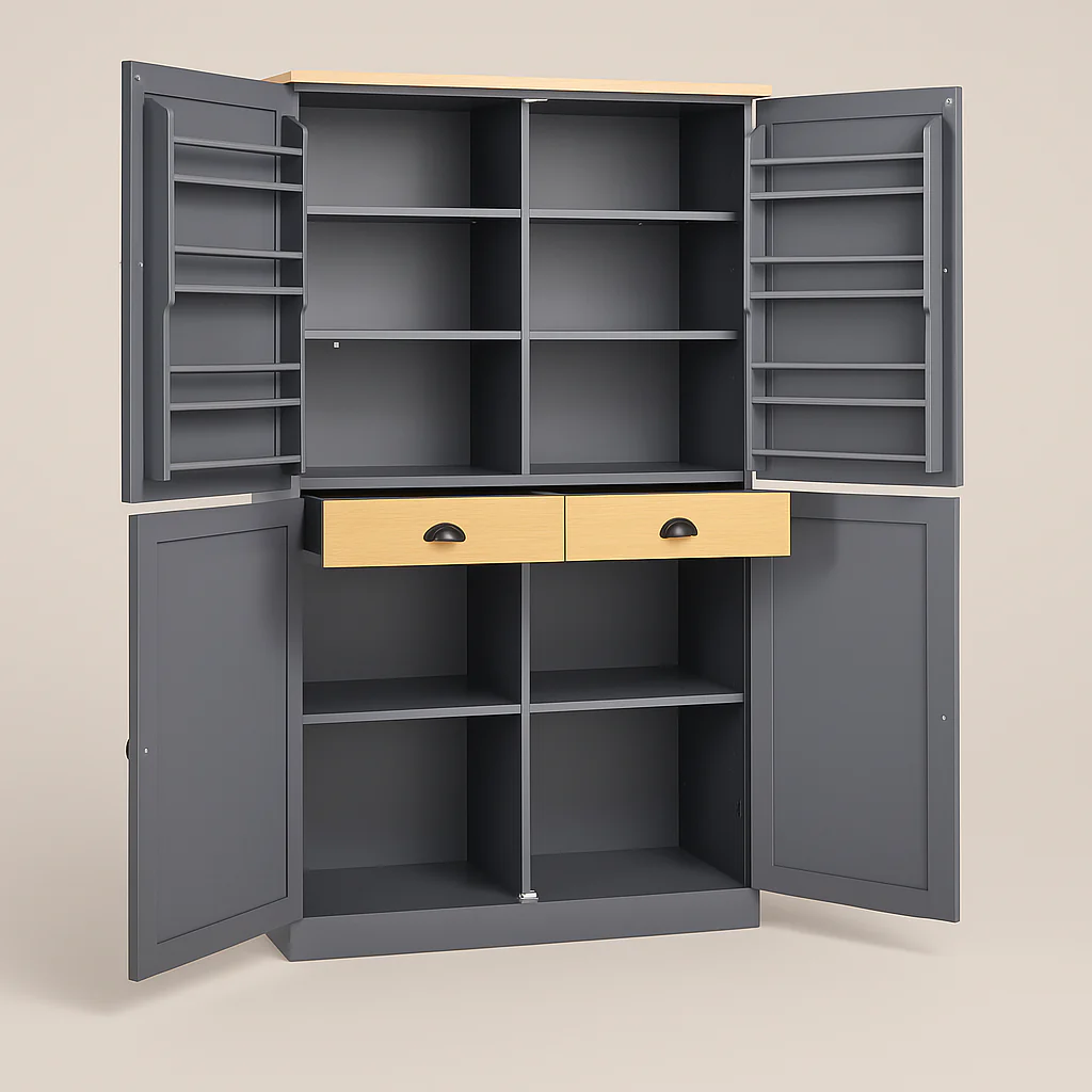 Runesay Gray MDF Kitchen Pantry Cabinet with 2 Drawers