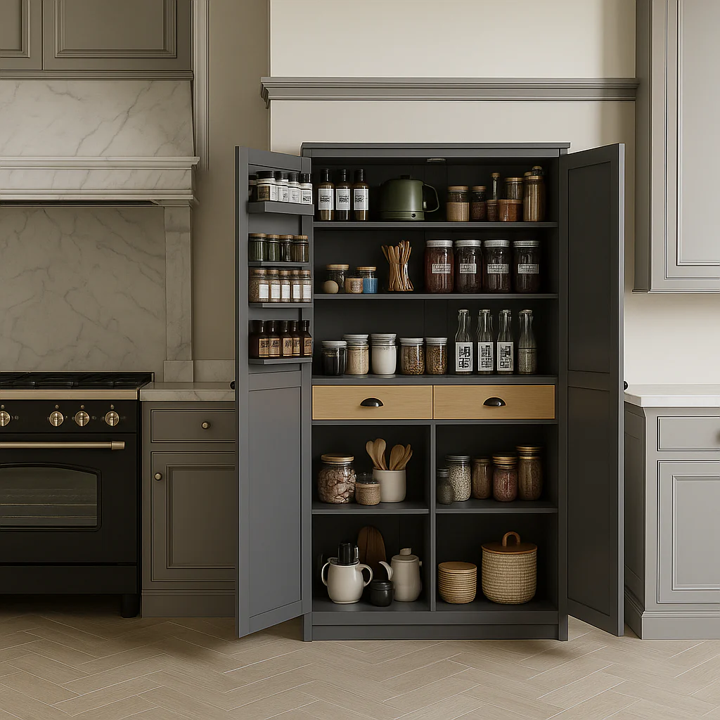 Runesay Gray MDF Kitchen Pantry Cabinet with 2 Drawers - Image 2