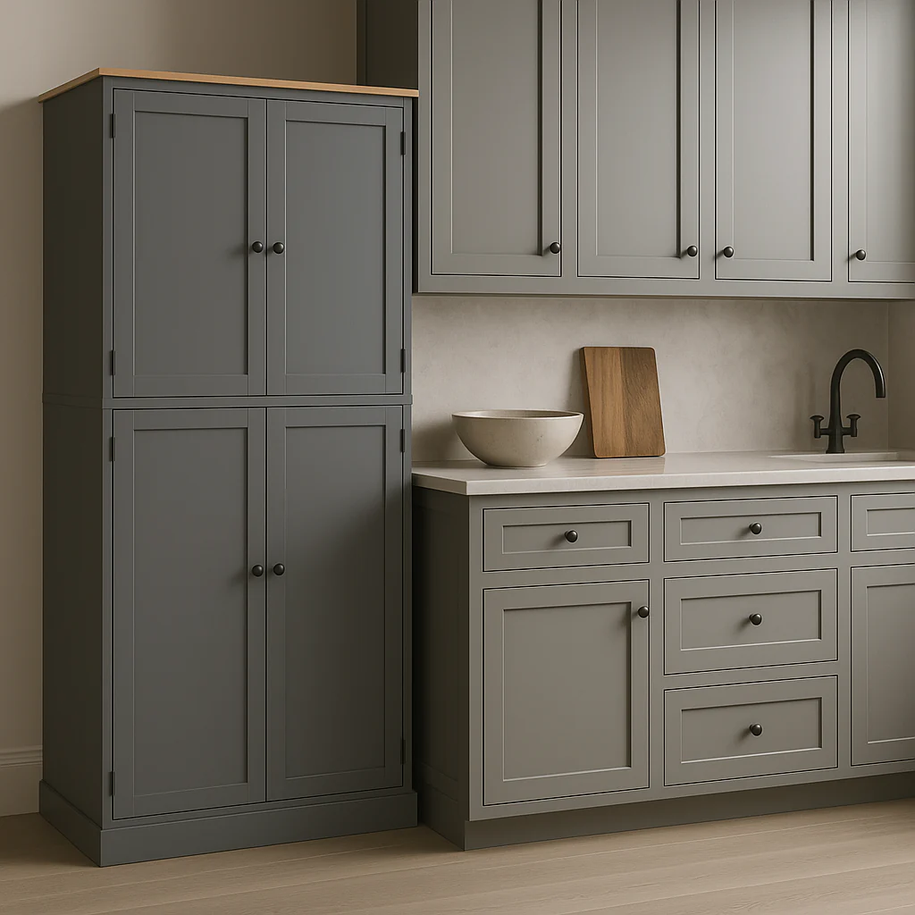 Runesay Gray MDF Kitchen Pantry Cabinet with 2 Drawers - Image 3