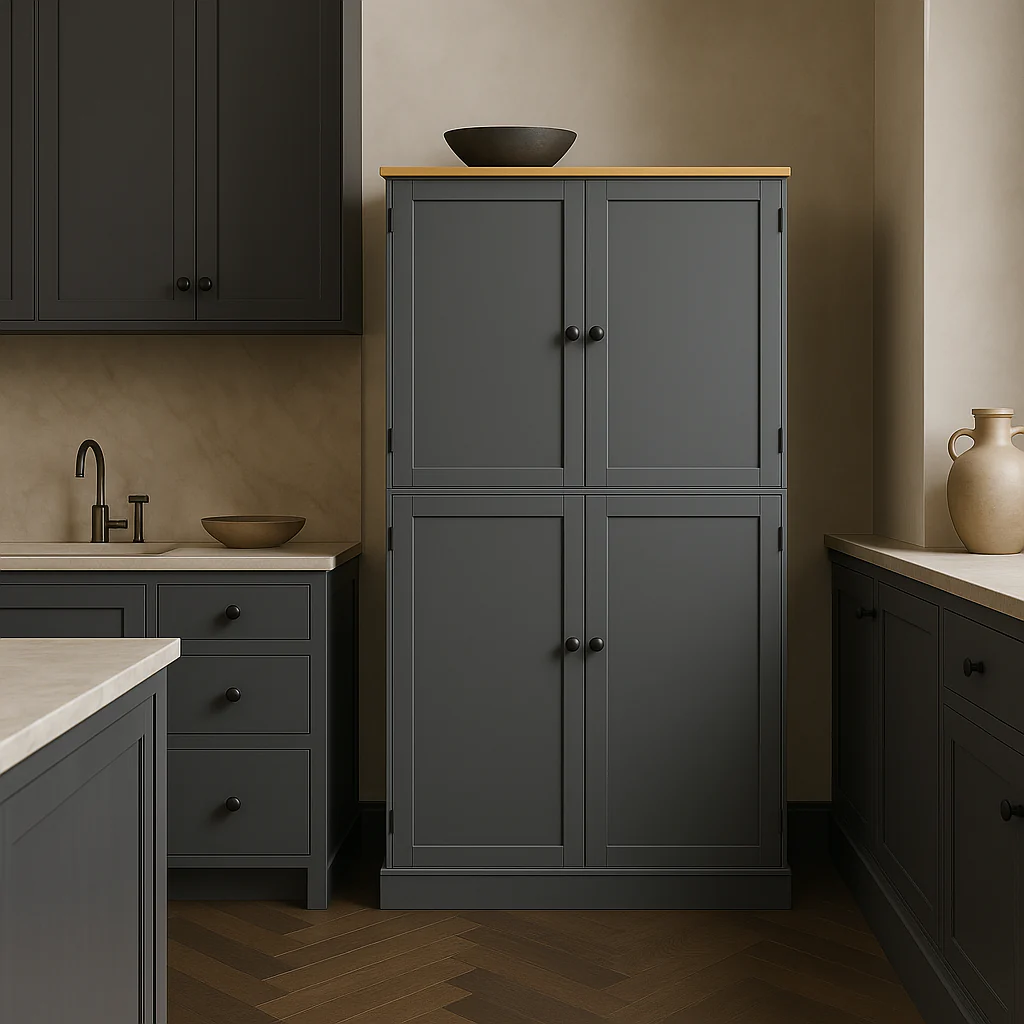 Runesay Gray MDF Kitchen Pantry Cabinet with 2 Drawers - Image 4