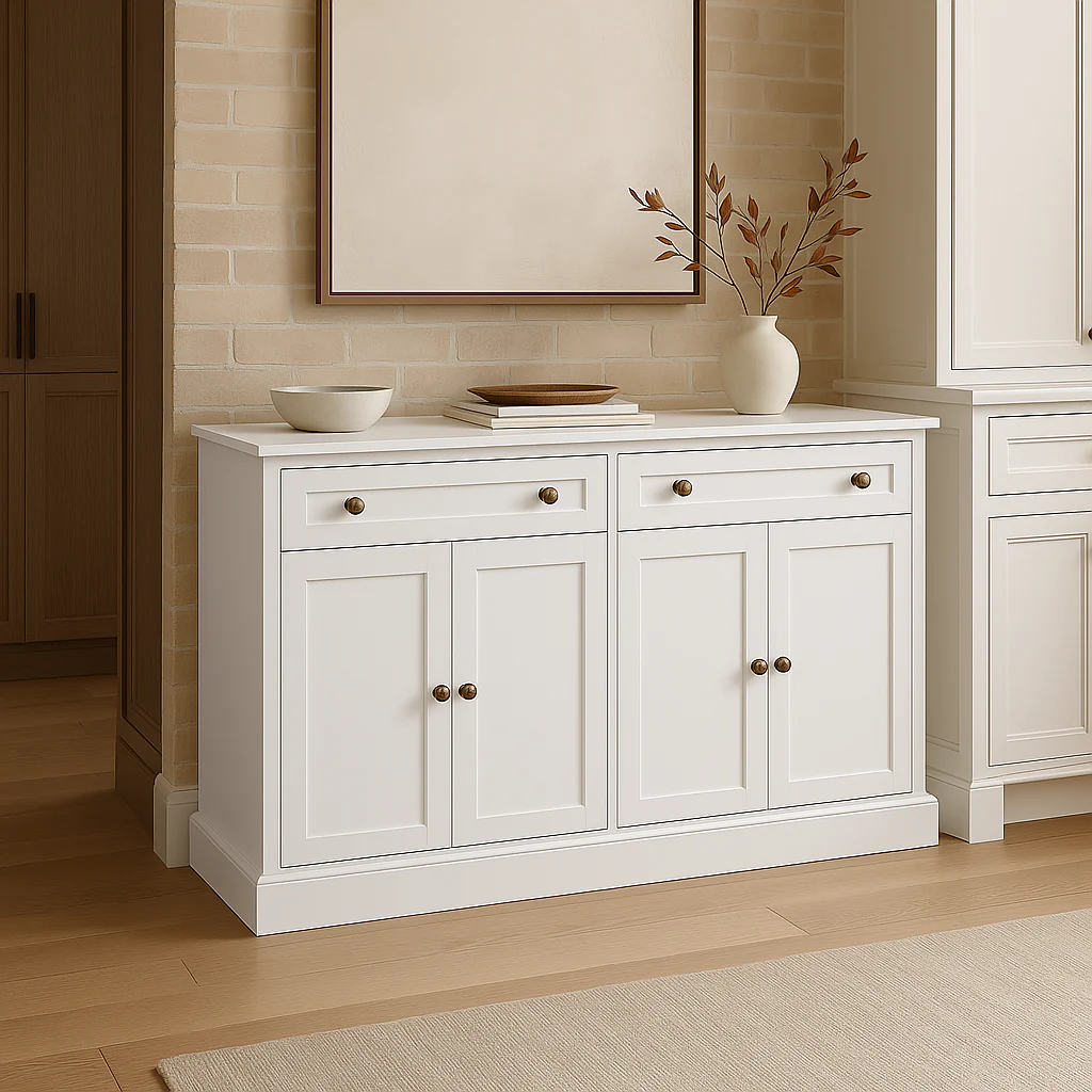 Runesay White MDF Kitchen Cabinet Sideboard with Drawers and Doors - Image 4