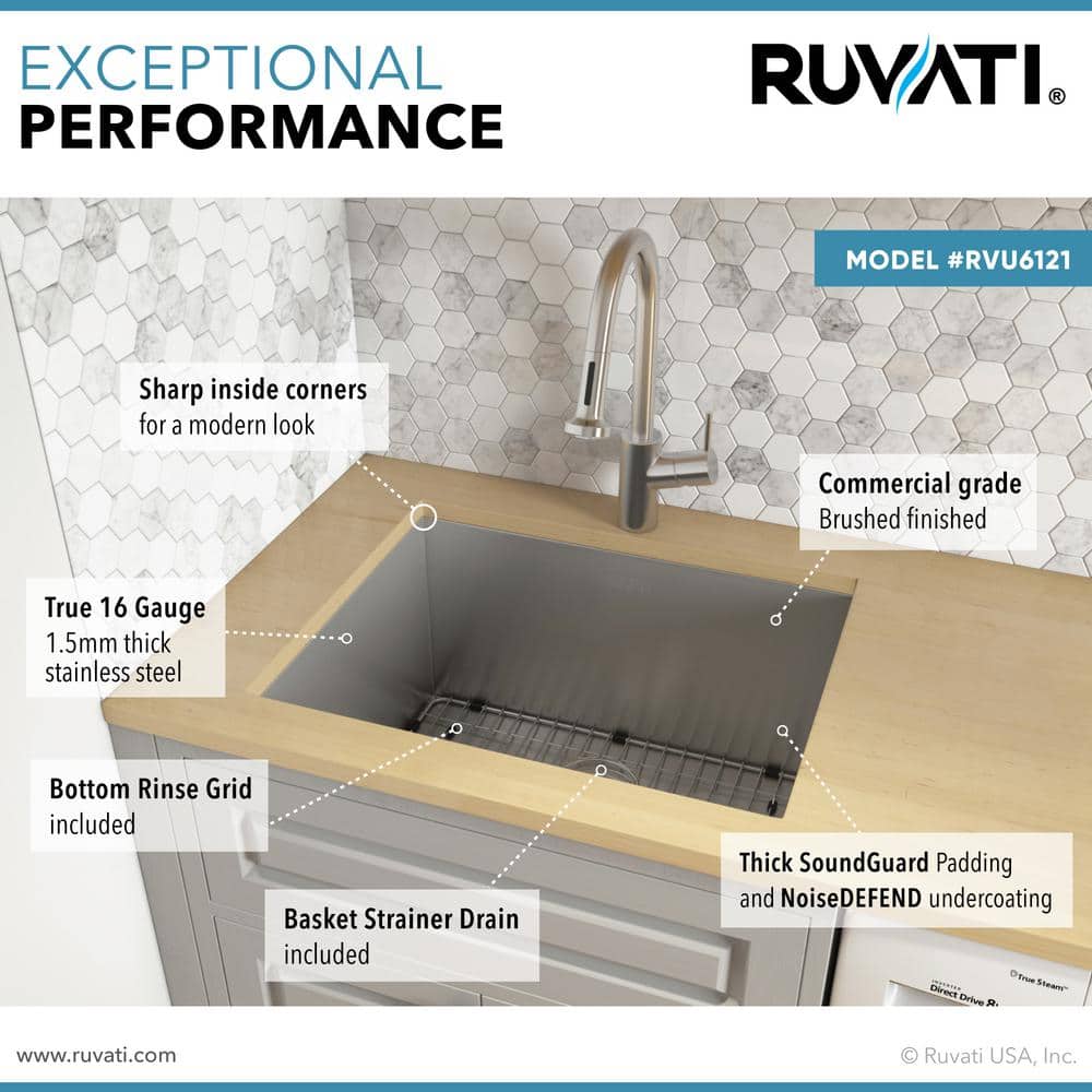 Ruvati Savona 12-inch Undermount Laundry Utility Sink - 16 Gauge Stainless Steel - Image 6